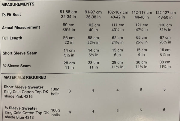 5374 King Cole cotton top dk ladies short sleeved, 3/4 sleeved raglan sweater knitting pattern