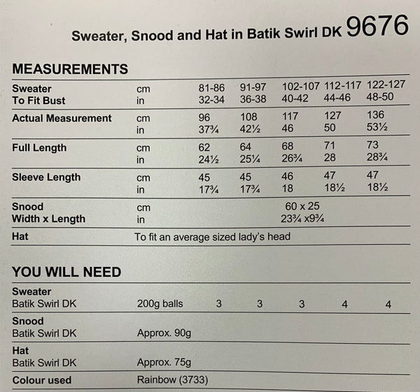 Stylecraft 9676 Batik Swirl DK Ladies Sweater, Snood & Hat knitting pattern