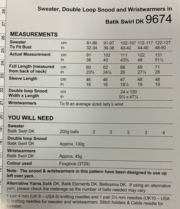 Stylecraft 9674 Batik Swirl DK Ladies Sweater, Double Loop Snood & Wrist Warmers knitting pattern