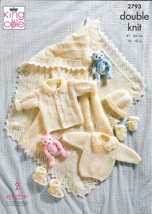 2793 King Cole Dk Baby Sweater, Jacket,Hat, Shawl, Mitts and Bootees Knitting pattern