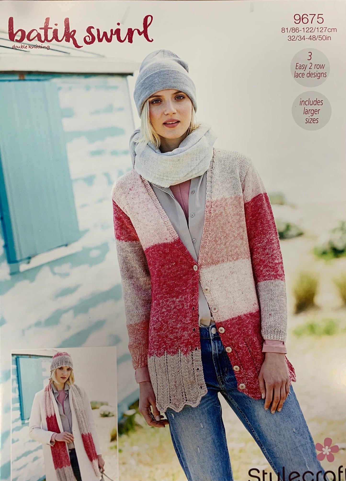 9675 Stylecraft batik swirl dk ladies cardigan, scarf and hat knitting pattern
