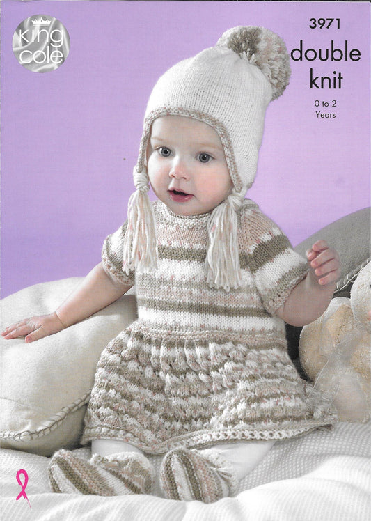 3971 King Cole dk Comfort Prints and Comfort baby - 2 years dress, cardigan, wrap over waistcoat, hat and bootees knitting pattern