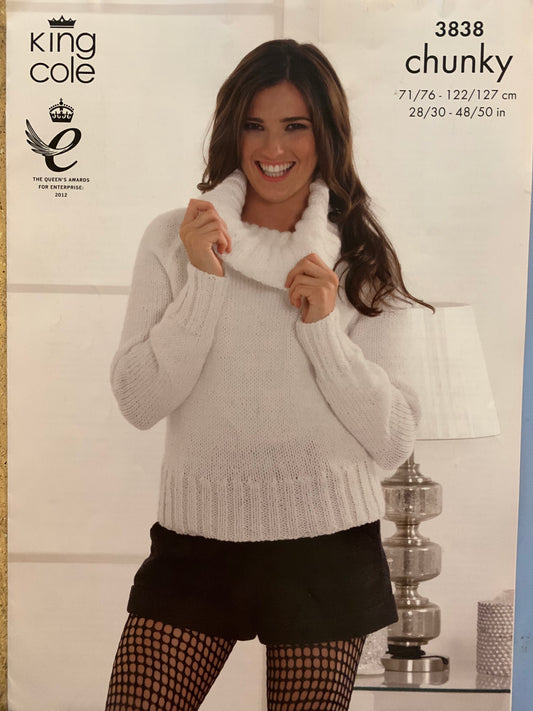 King Cole 3838 Chunky Ladies High and Round Neck Sweaters knitting pattern