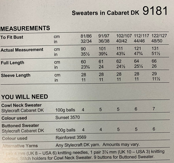 9181 Stylecraft Cabaret dk ladies sweater cowl neck and buttoned knitting pattern