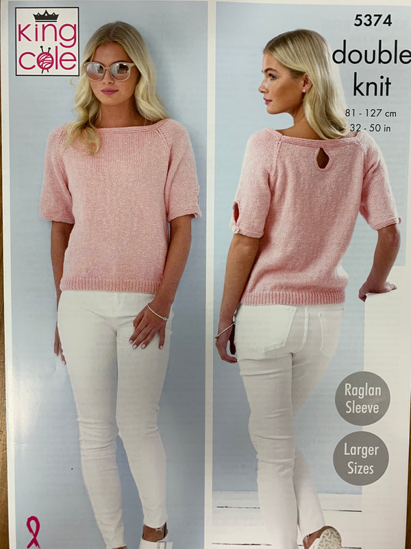 5374 King Cole cotton top dk ladies short sleeved, 3/4 sleeved raglan sweater knitting pattern