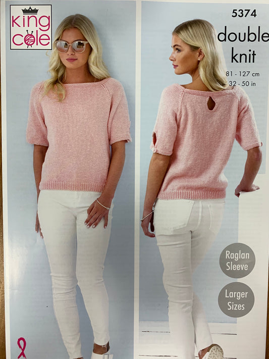 5374 King Cole cotton top dk ladies short sleeved, 3/4 sleeved raglan sweater knitting pattern