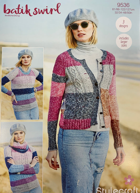 9536 Stylecraft batik swirl dk ladies cardigan, sweater and cowl knitting pattern