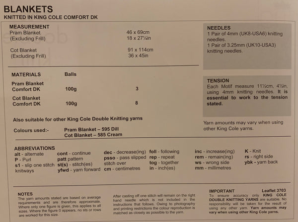King Cole 3703 Knitting Pattern - DK Baby Blankets