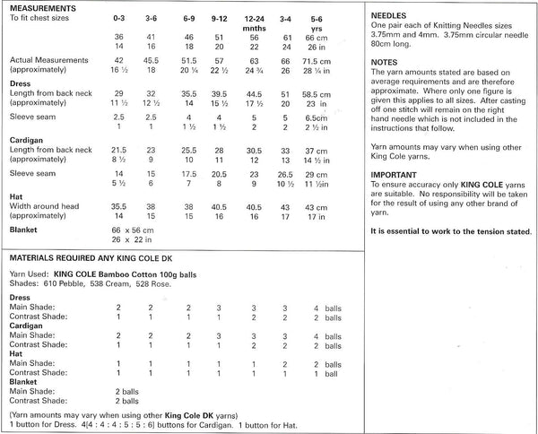 King Cole 3860 DK Bamboo Cotton Baby - Child Dress, Cardigan, Hat and Blanket knitting pattern