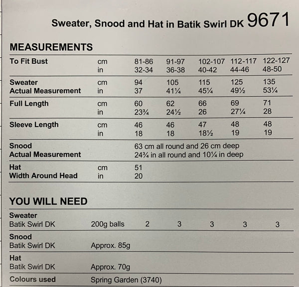 9671 Stylecraft batik swirl dk ladies sweater, snood and hat knitting pattern
