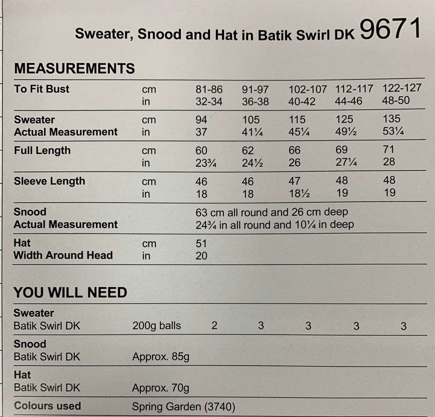 9671 Stylecraft batik swirl dk ladies sweater, snood and hat knitting pattern