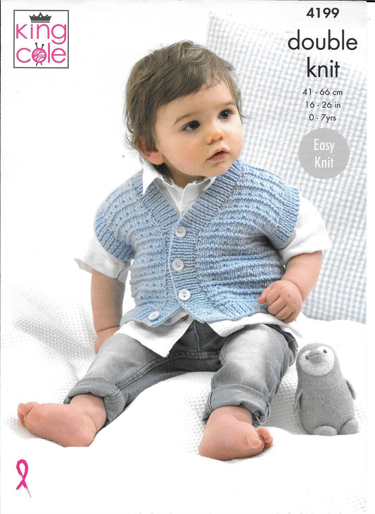 4199 King Cole Cherished dk baby, child shawl collared jacket, v-neck jacket and waistcoat knitting pattern