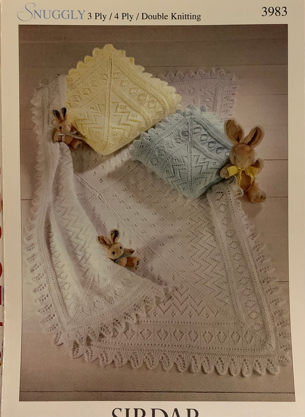 Sirdar 3983 - Snuggly 3 ply, 4 ply & DK Baby Blankets knitting pattern