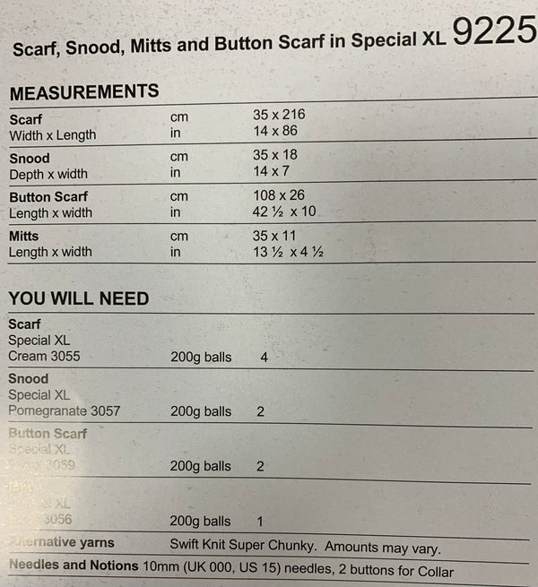9225 Stylecraft Special XL super chunky ladies scarf, snood, mitts and button scarf knitting pattern