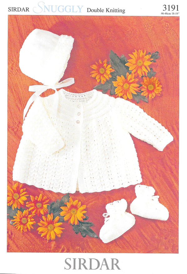 Sirdar 3191 Snuggly Dk Baby Matinee Jacket, Bonnet and Bootees Knitting Pattern