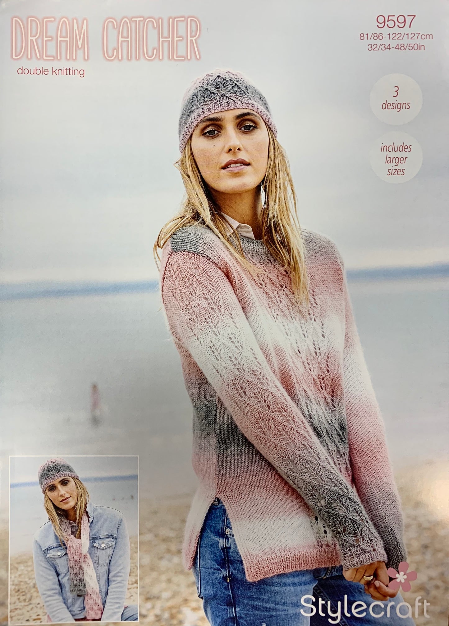 9597 Stylecraft Dream Catcher dk ladies sweater, scarf and hat knitting pattern