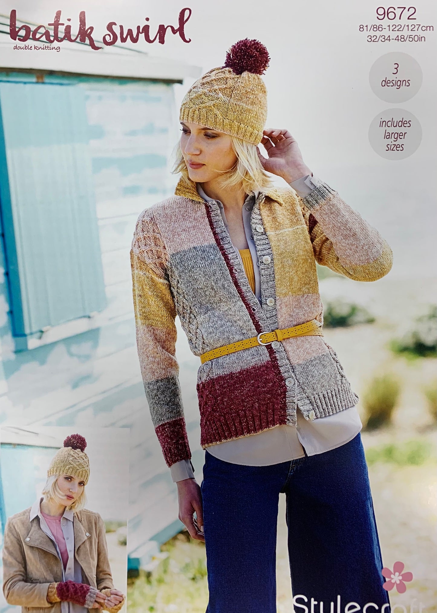 9672 Stylecraft batik swirl dk ladies cardigan, hat and wristwarmers knitting pattern