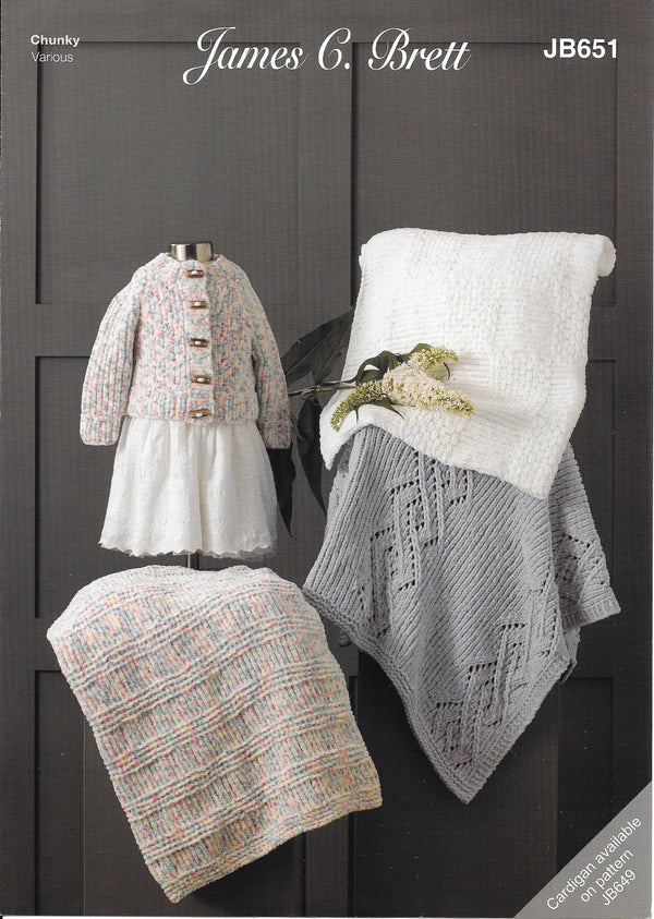 JB651 James C Brett Flutterby chunky baby blankets knitting pattern