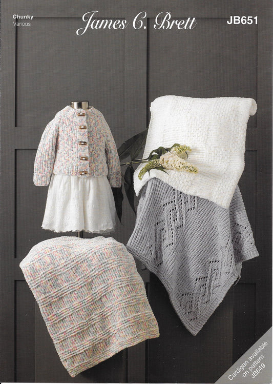 JB651 James C Brett Flutterby chunky baby blankets knitting pattern