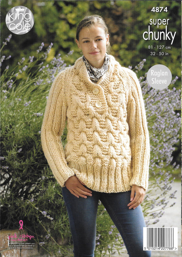 4874 King Cole Super Chunky ladies cardigan and sweater knitting pattern