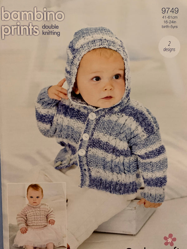 9749 Stylecraft Bambino DK Baby Sweater and Cardigan Hooded Knitting pattern