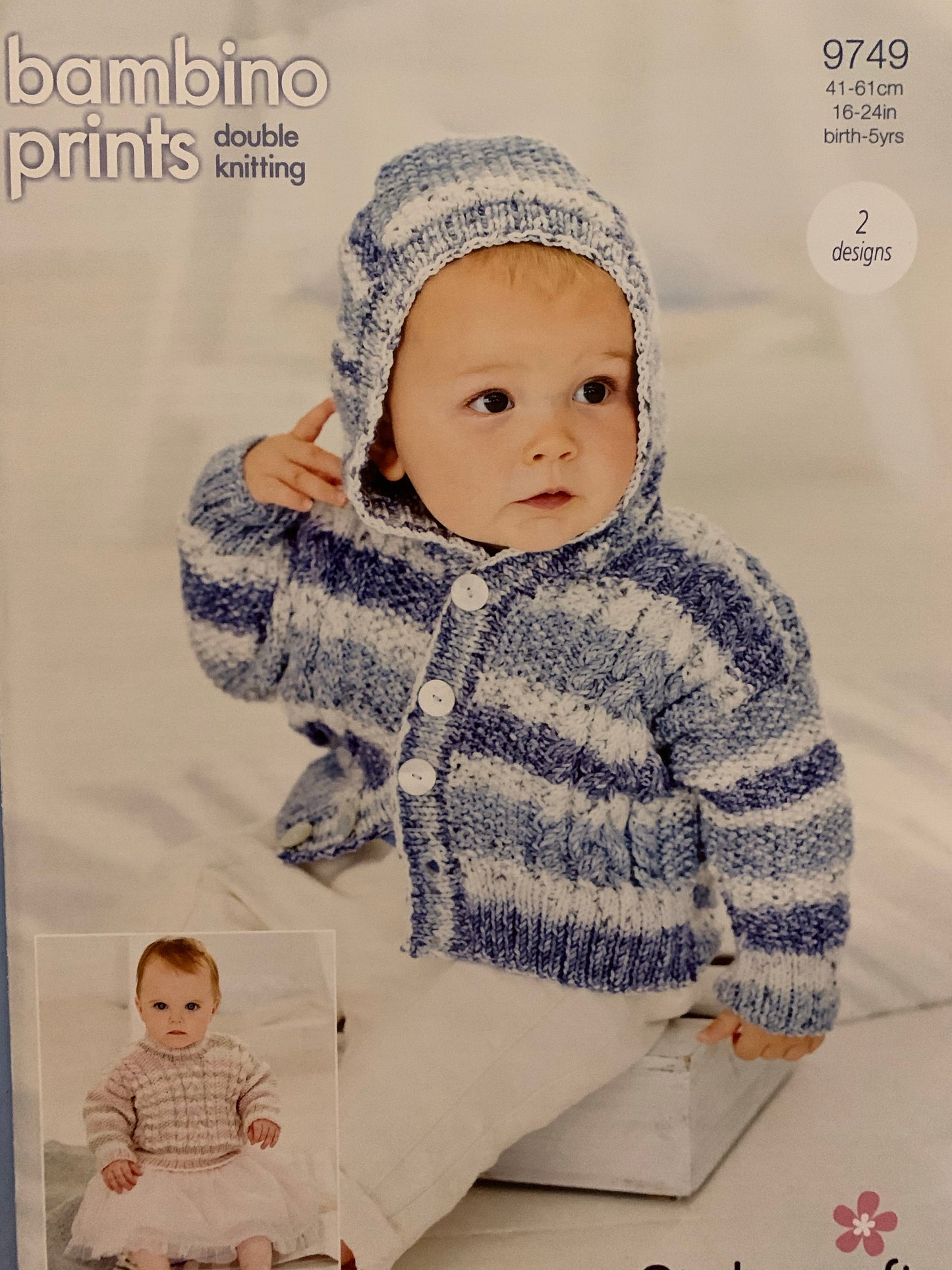 9749 Stylecraft Bambino dk baby sweater and cardigan hooded knitting pattern