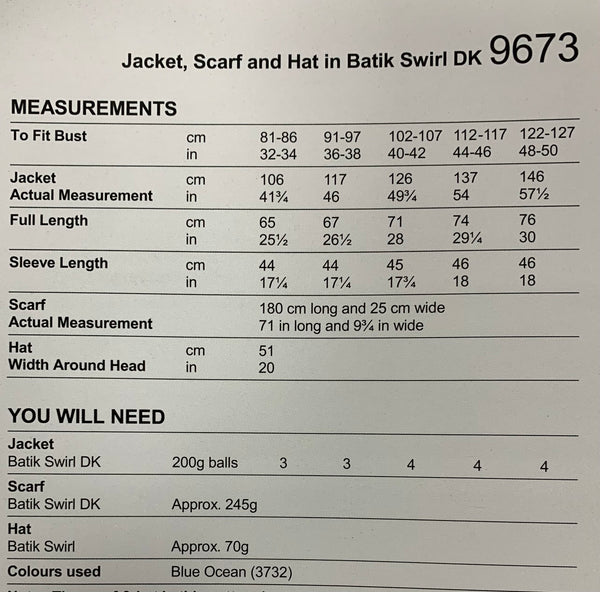9673 Stylecraft batik swirl dk ladies jacket, scarf and hat in Stylecraft batik swirl dk knitting pattern