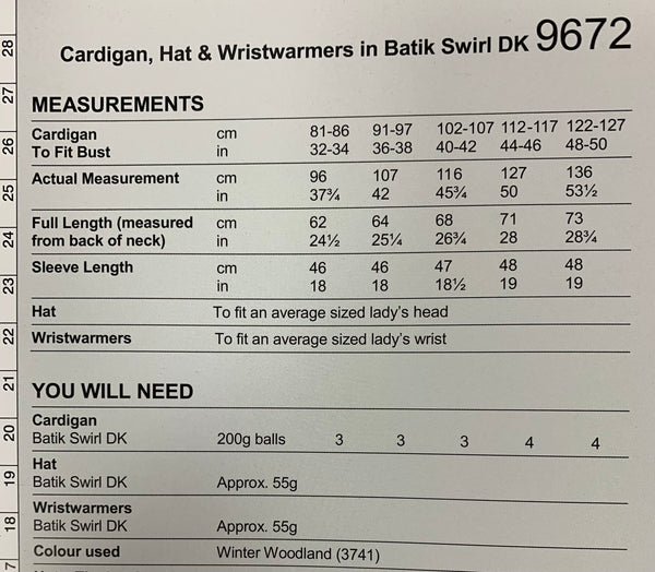 9672 Stylecraft batik swirl dk ladies cardigan, hat and wristwarmers knitting pattern