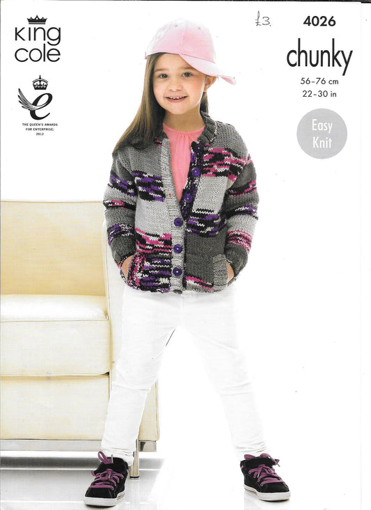 4026 King Cole Big Value Chunky child cardigan and hoodie knitting pattern