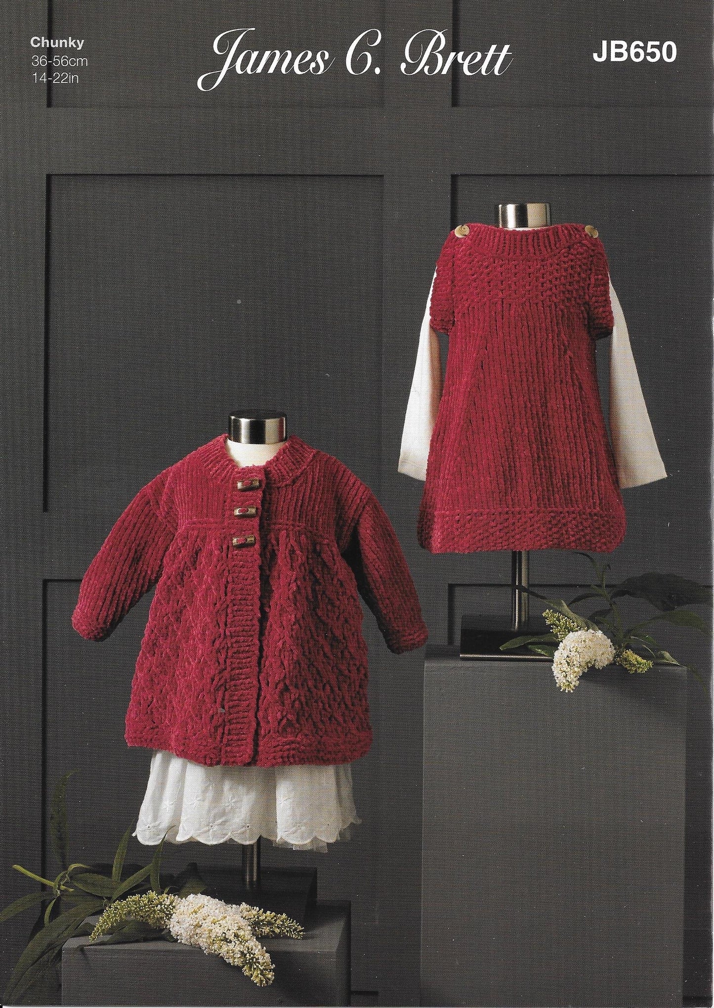 650 JB650 James C Brett Flutterby Chunky baby, girl dress and jacket knitting pattern