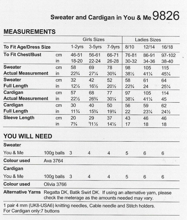 9826 Stylecraft You & Me dk lady and girl cardigan and sweater knitting pattern