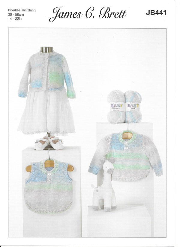 JB441 James C Brett DK baby sweater, slipover and cardigan knitting pattern