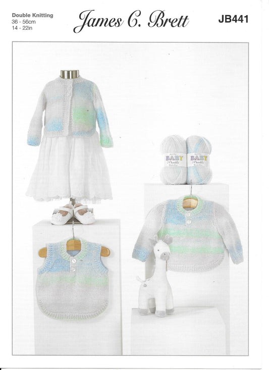 JB441 James C Brett DK baby sweater, slipover and cardigan knitting pattern