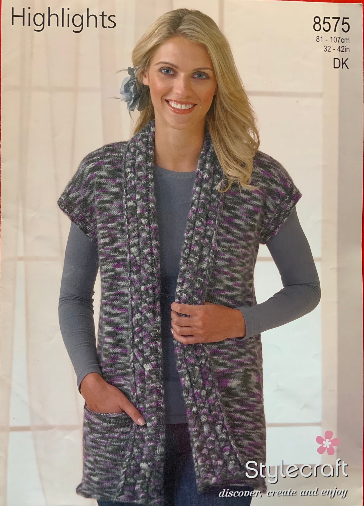 8575 Stylecraft Highlights dk ladies sleeveless jacket knitting pattern