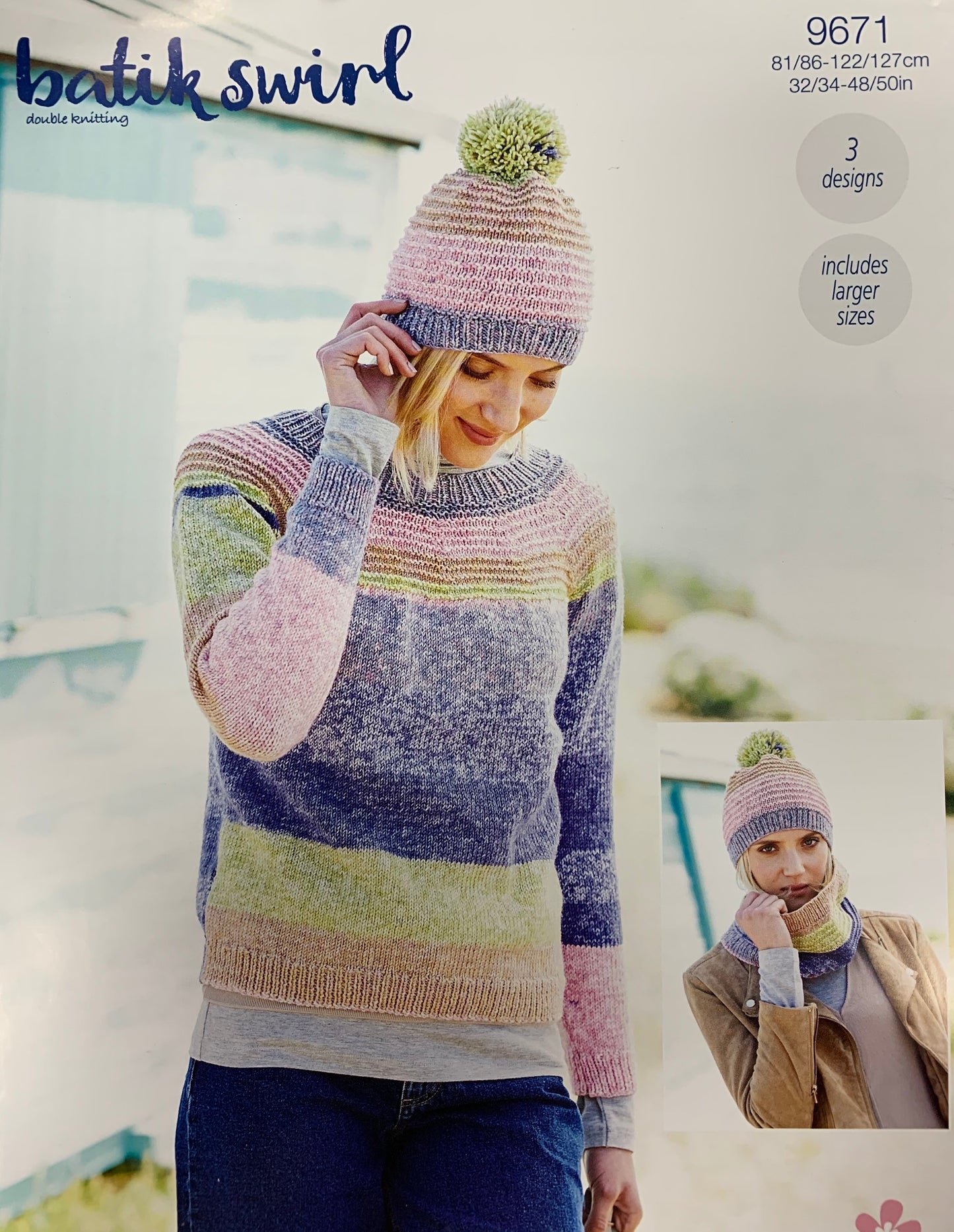 9671 Stylecraft batik swirl dk ladies sweater, snood and hat knitting pattern