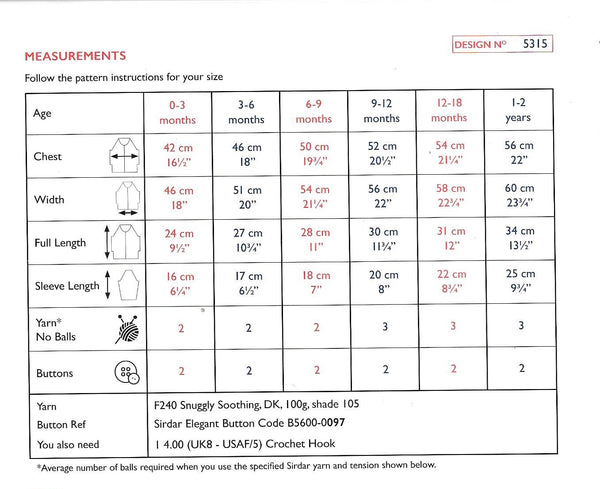 Sirdar 5315 Snuggly Soothing Dk Baby Child Cardigan Crochet Pattern