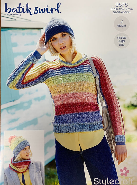 Stylecraft 9676 Batik Swirl DK Ladies Sweater, Snood & Hat knitting pattern