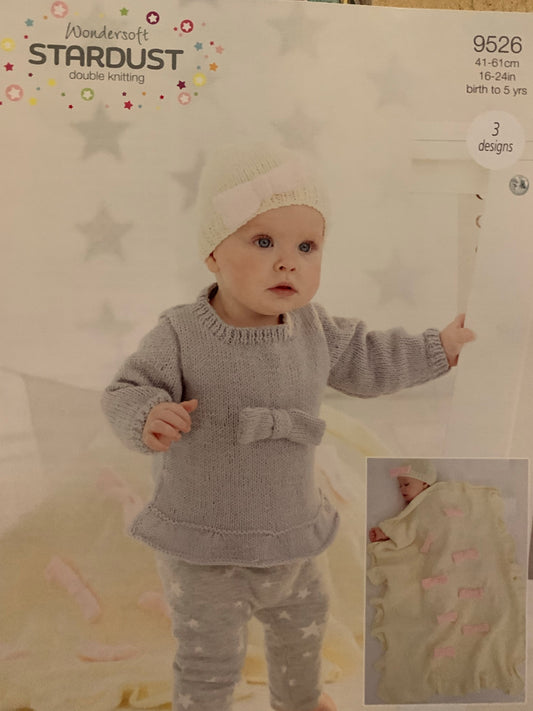9526 Stylecraft Wondersoft Stardust dk baby jumper, hat and blanket knitting pattern