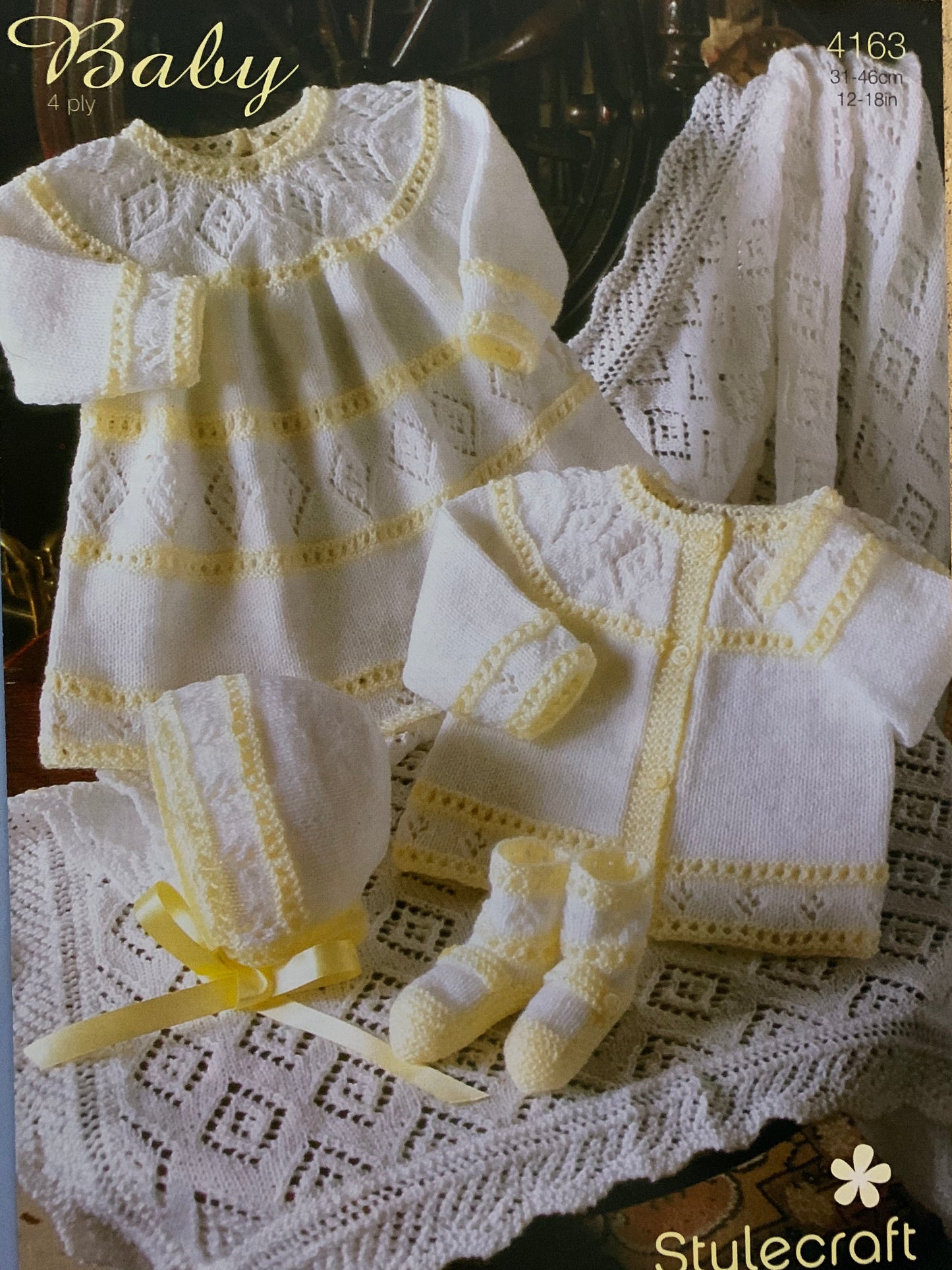 4163 Stylecraft Baby 4 ply dress, cardigan, shawl, bonnet, bootees knitting pattern