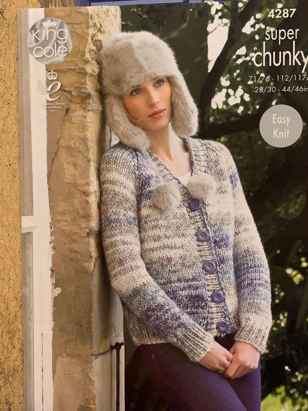 King Cole 4287 Super Chunky Ladies V Neck & Round Neck Cardigan knitting pattern