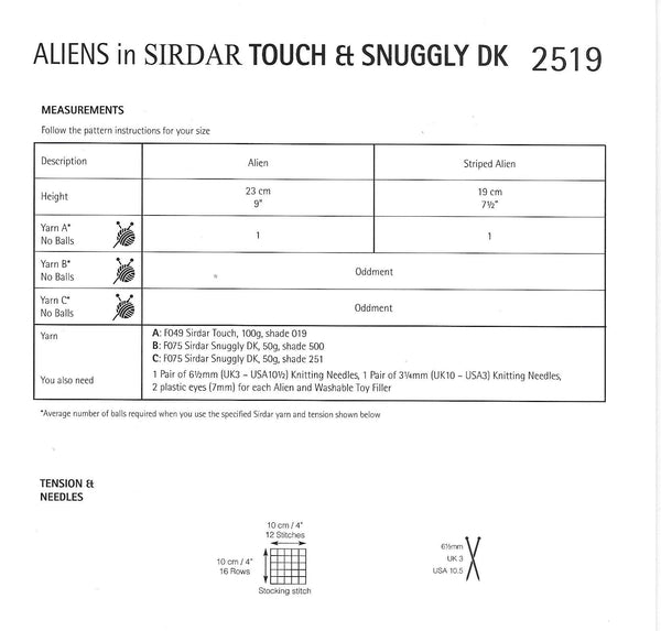 Sirdar 2519 Touch and Snuggly DK Toy Aliens