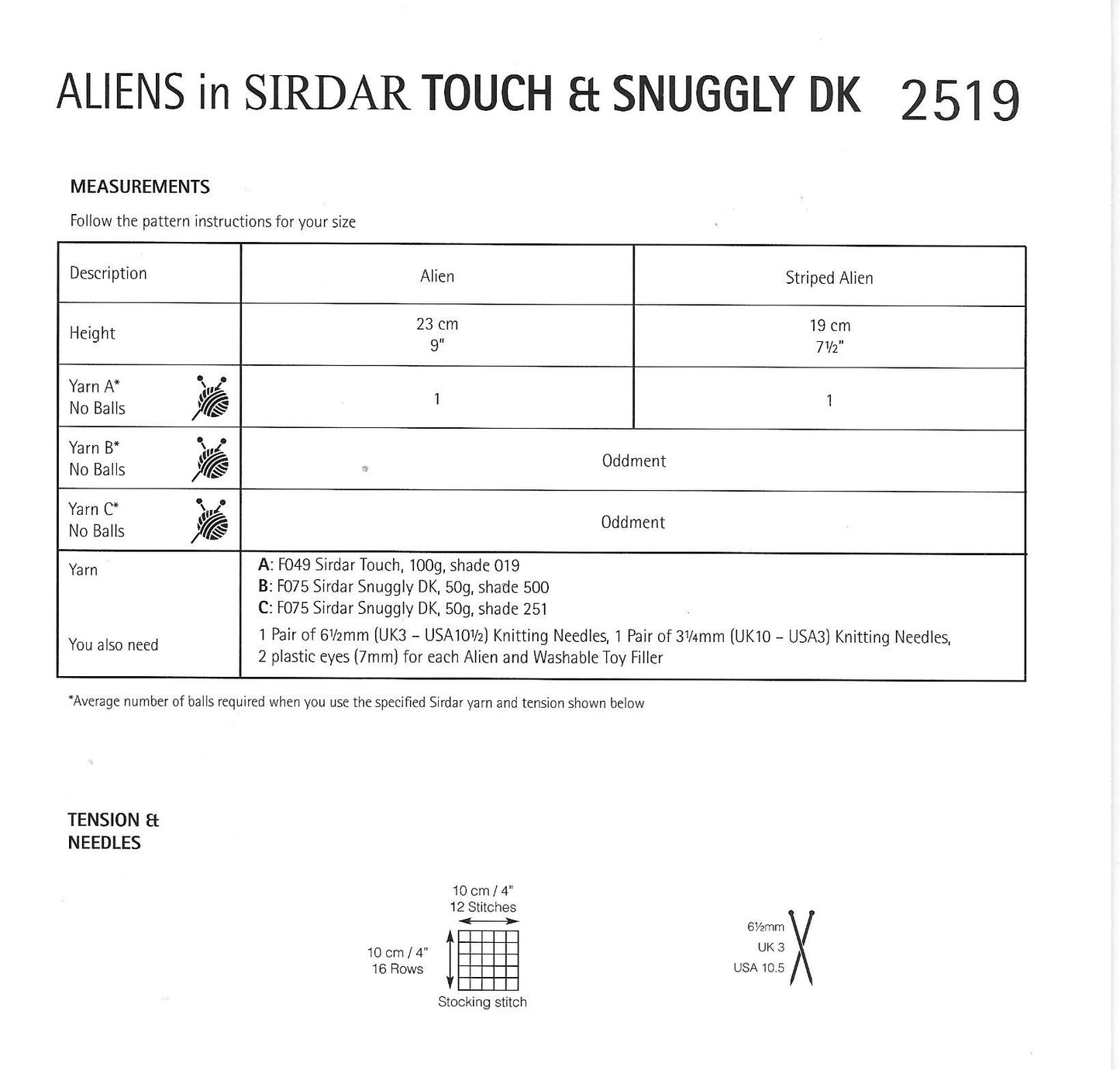 2519 Sirdar Touch and Snuggly DK Toy Aliens