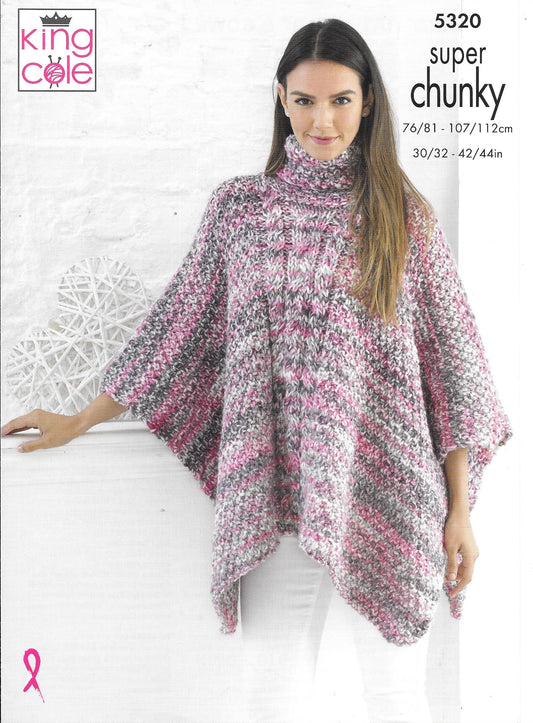 5320 King Cole Super Chunky Tints Ladies Tabard, Hat, Scarf and Cowl Knitting Pattern