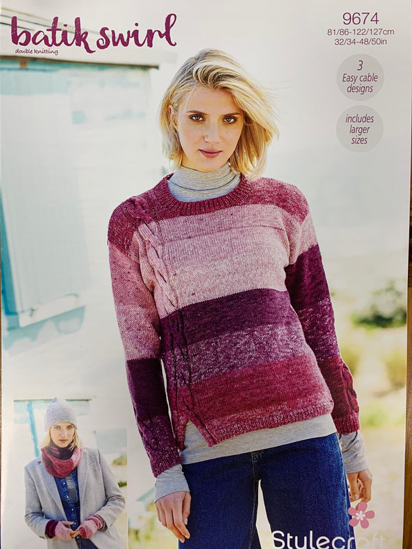 Stylecraft 9674 Batik Swirl DK Ladies Sweater, Double Loop Snood & Wrist Warmers knitting pattern
