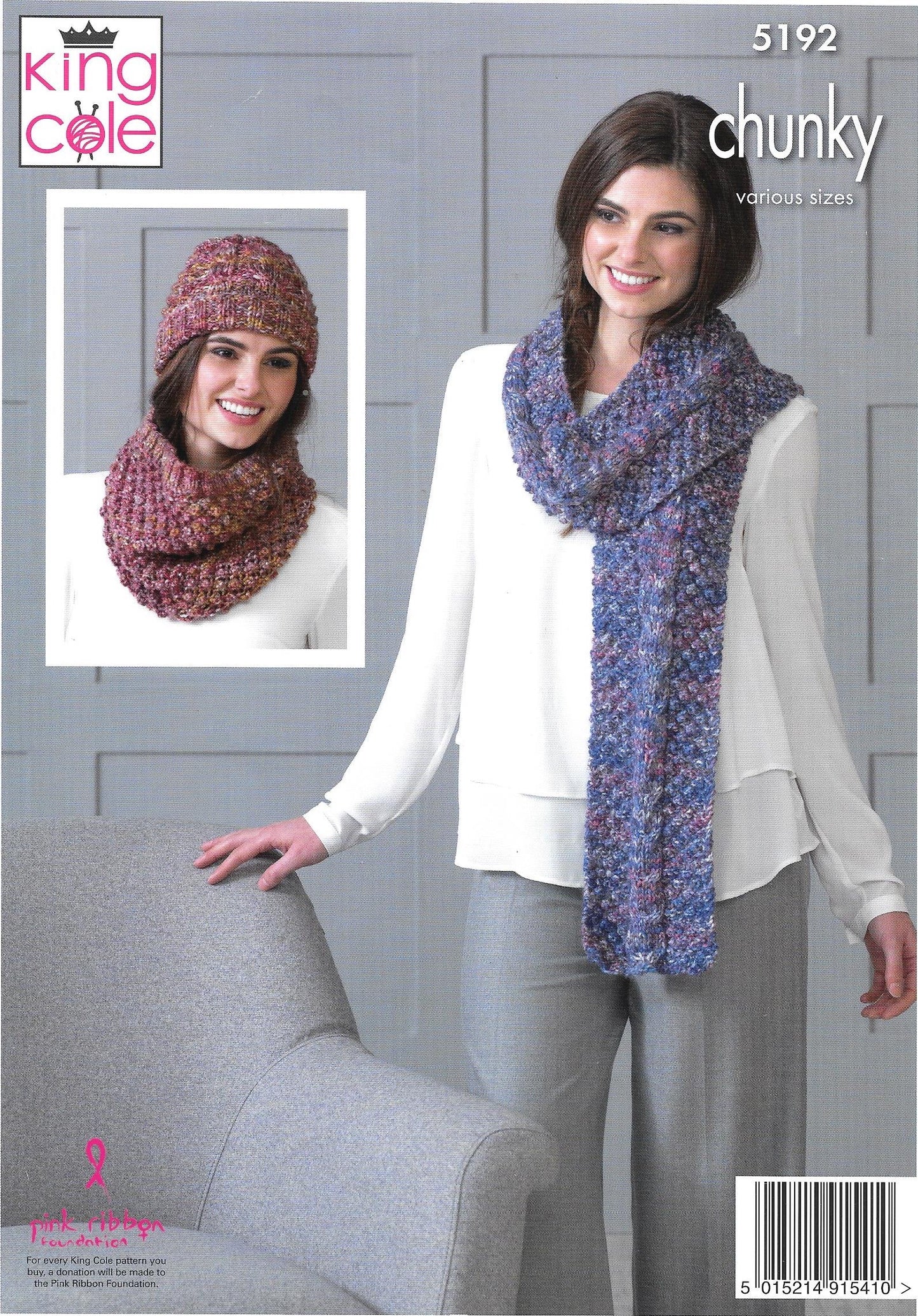 5192 King Cole Chunky Ladies Shoulder Wrap, Scarf, Hat and Cowl Knitting Pattern