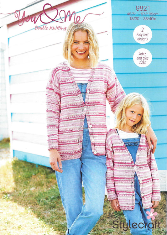 9821 Stylecraft You & Me dk lady child cardigan and sweater knitting pattern