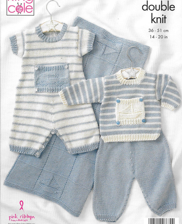 King Cole 3318 Dk Bamboo Cotton Baby Sweater, Pants, Romper and Blanket Knitting Pattern