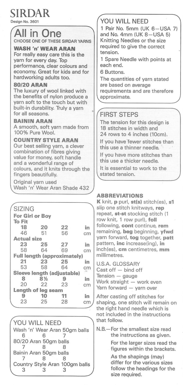 Sirdar 3601 Aran baby all-in-one knitting pattern