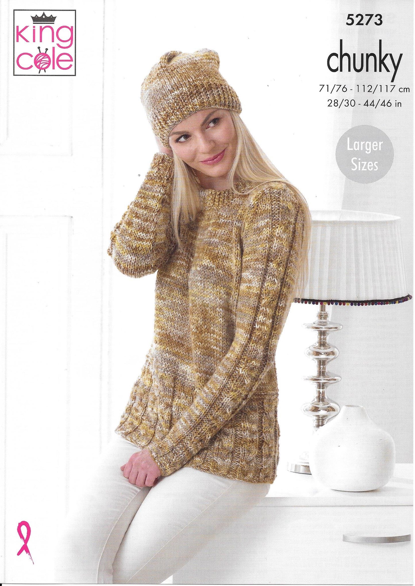 5273 King Cole Chunky Ladies Sweater, Cardigan and Hat Knitting Pattern
