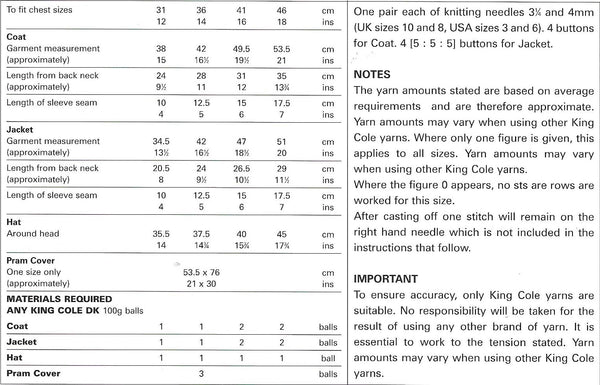 King Cole 2795 DK Baby Coat, Jacket, Hat and Pram Cover Knitting pattern